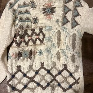 Hand knit Cream and Brown Crew Neck Sweater with Intricate Geometric Patterns